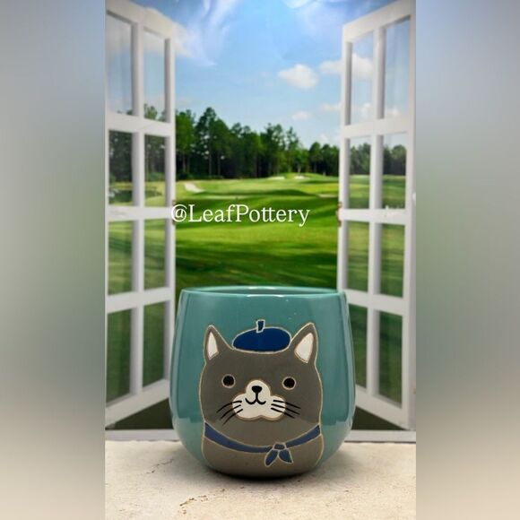 Sweeties Cat (MD) Turquoise/Gray/Blue Ceramic Planter Pot with drainage hole - Picture 1 of 10